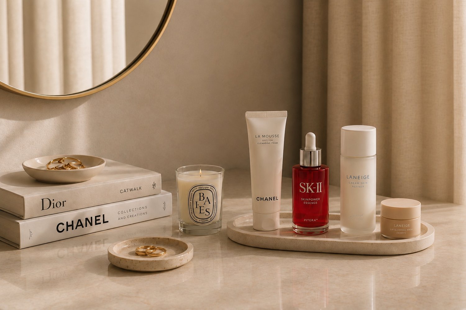 Luxury skincare products on a warm vanity