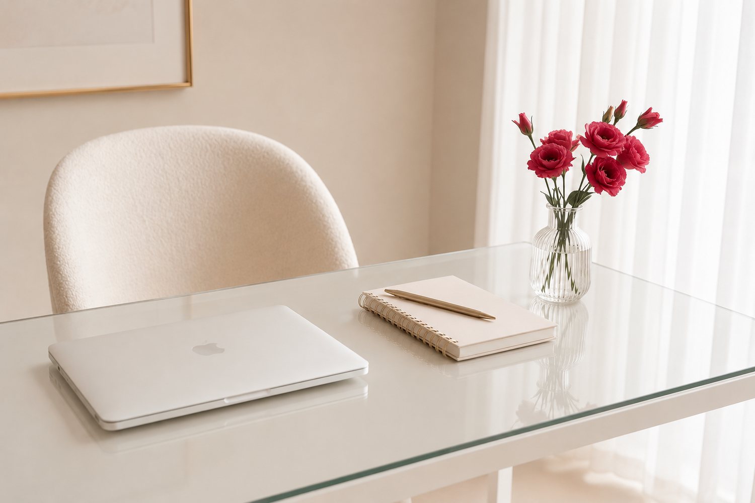Planning desk with notebook and flowers
