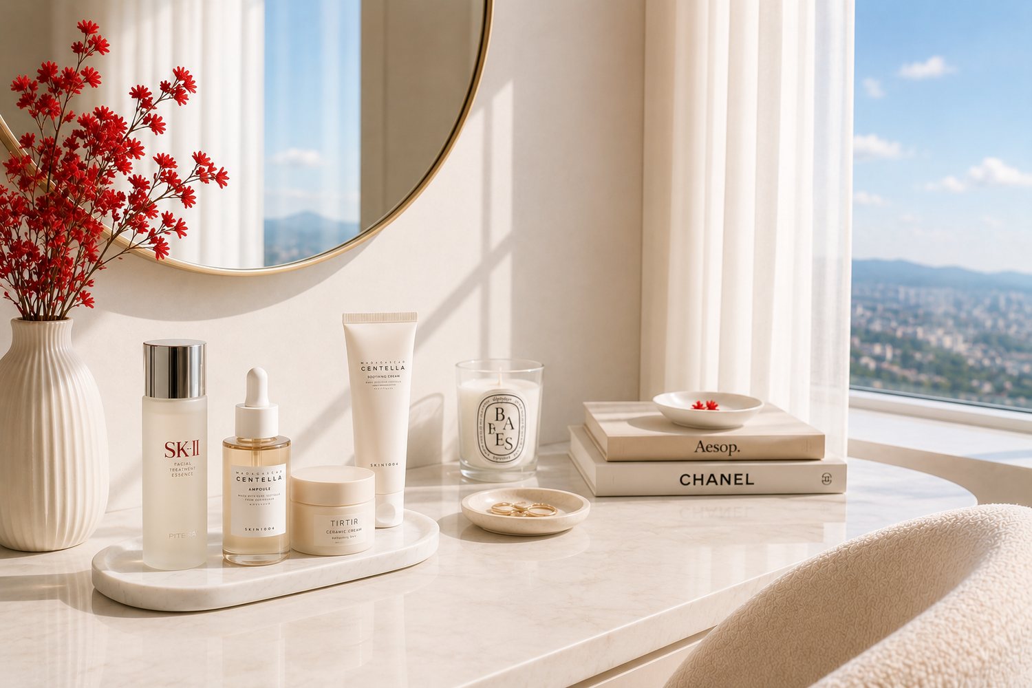 Warm Korean skincare vanity with red flowers
