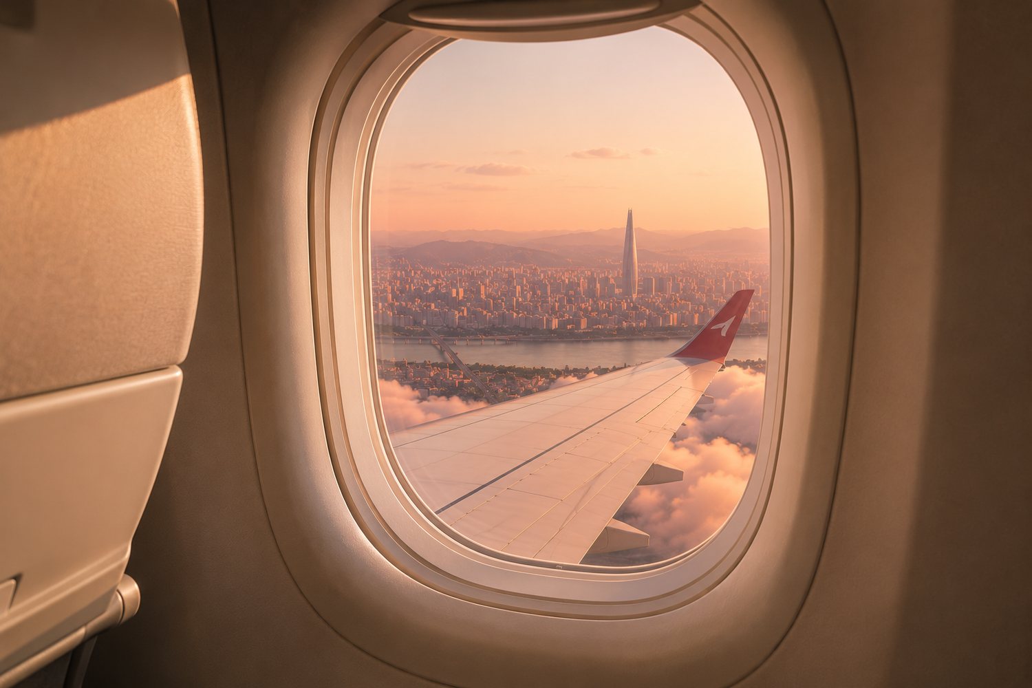 Plane window view over Seoul